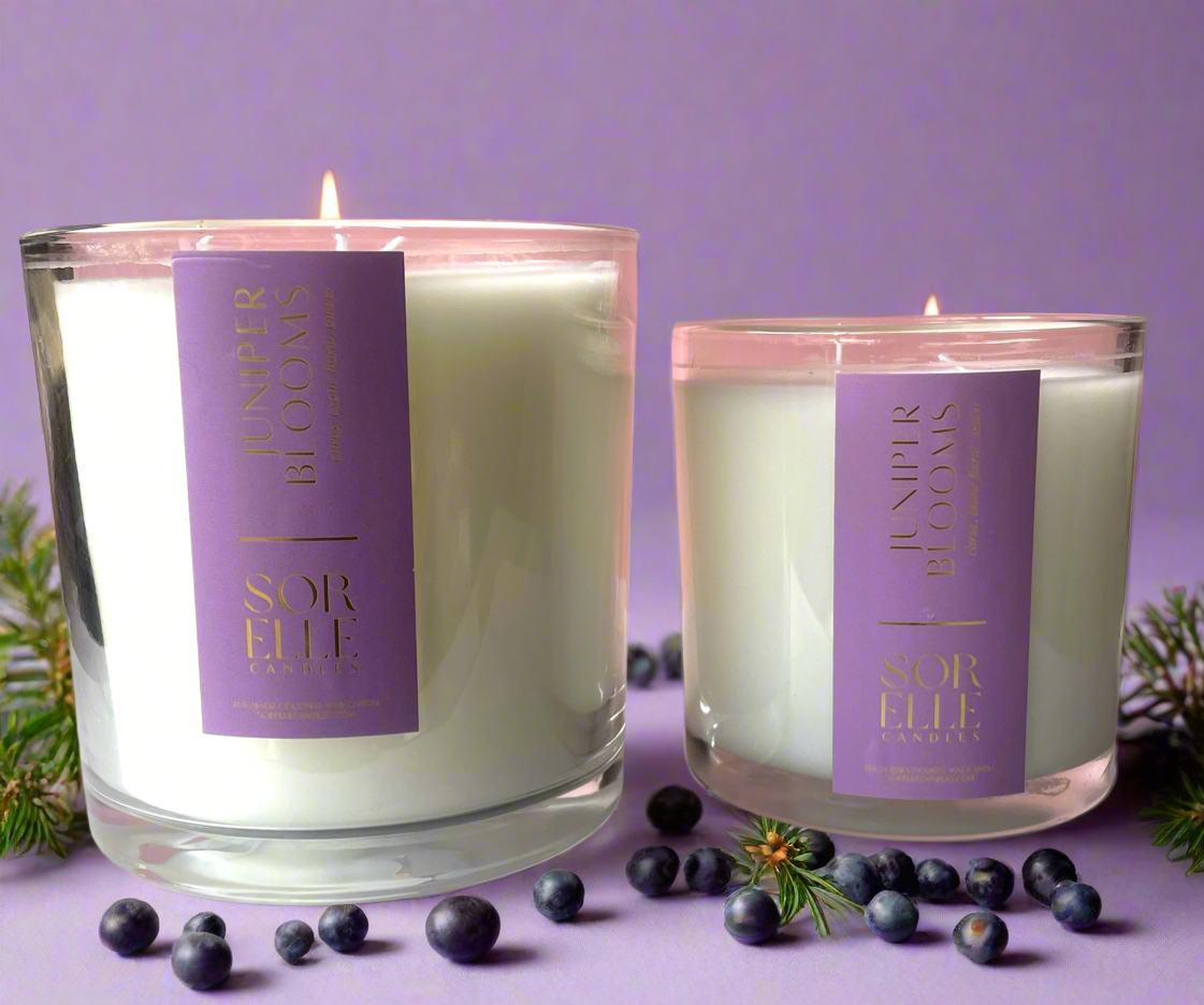15 oz and 25 oz strong scented juniper and cedarwood coconut wax glass candle with gold foil label