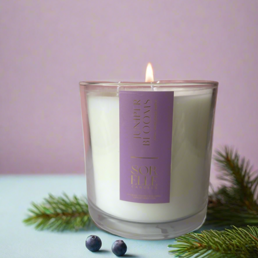 15 oz and 25 oz strong scented juniper and cedarwood coconut wax glass candle with gold foil label
