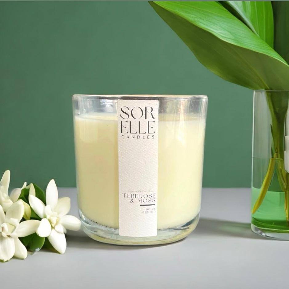 15 oz and 25 oz strong scented tuberose and moss coconut wax glass candle with gold foil label