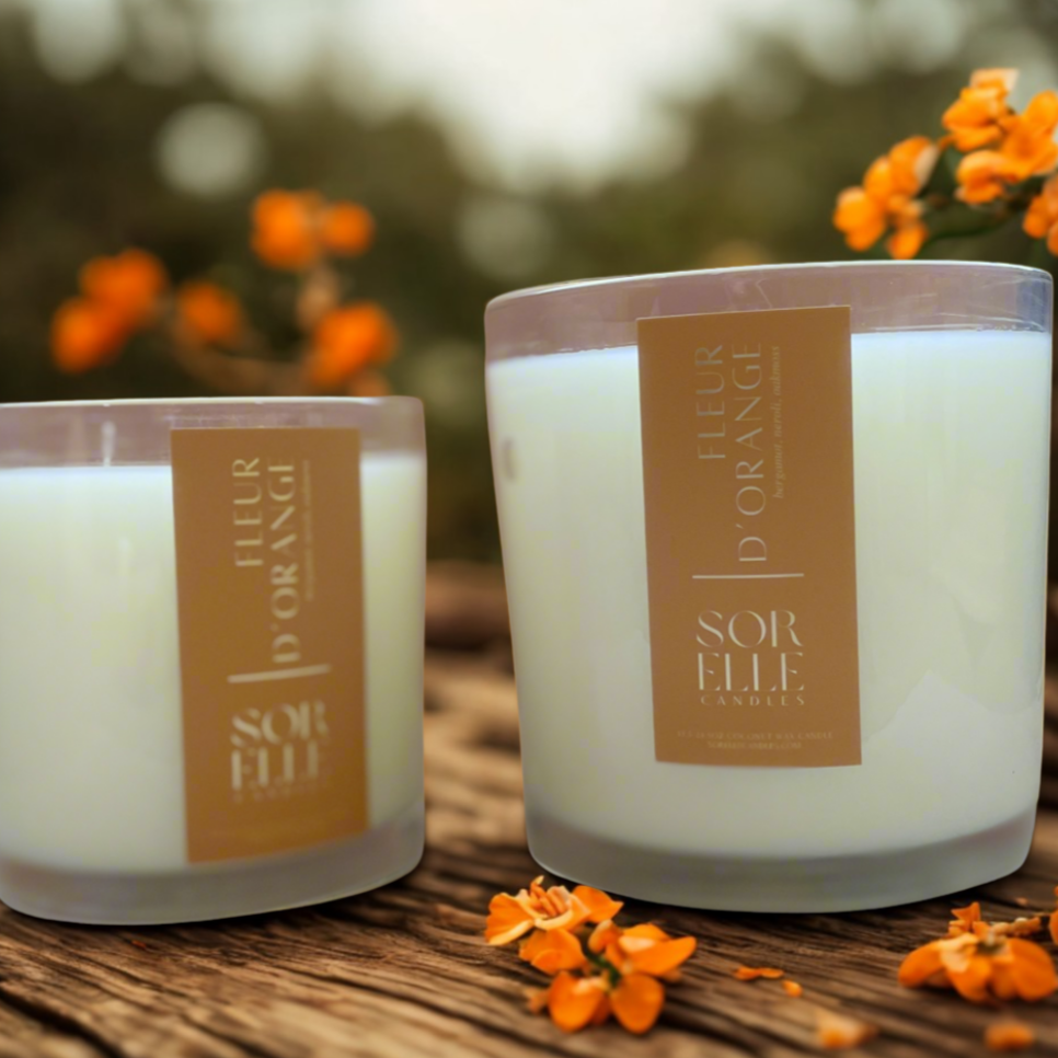 15 oz and 25 oz strong scented jasmine and orange blossom coconut wax glass candle with gold foil label
