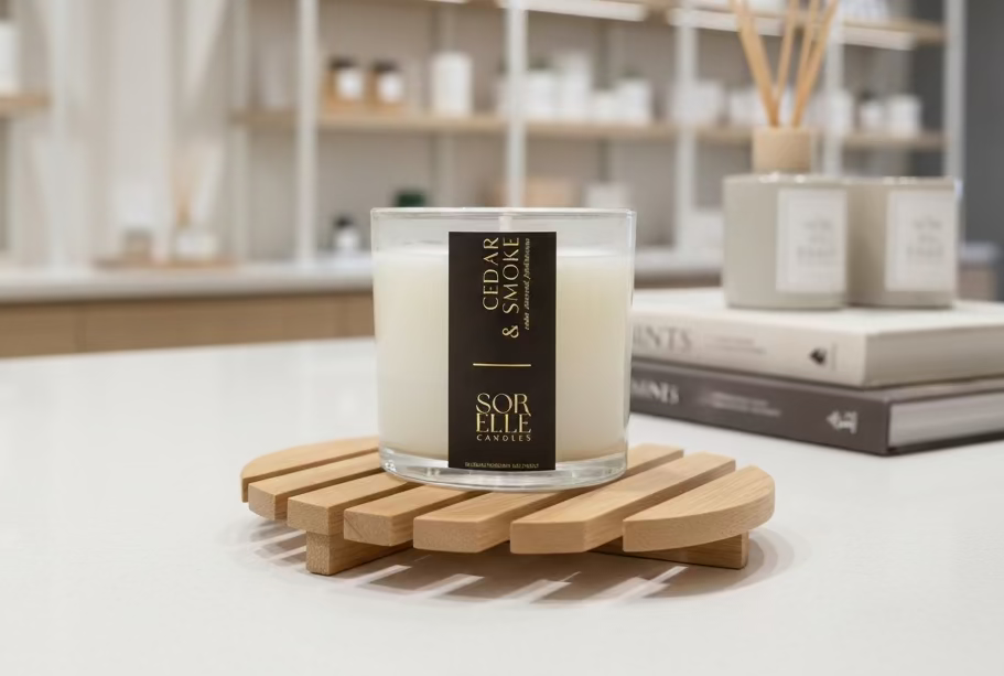 Cedar Smoke Coconut Wax Candle in a modern kitchen