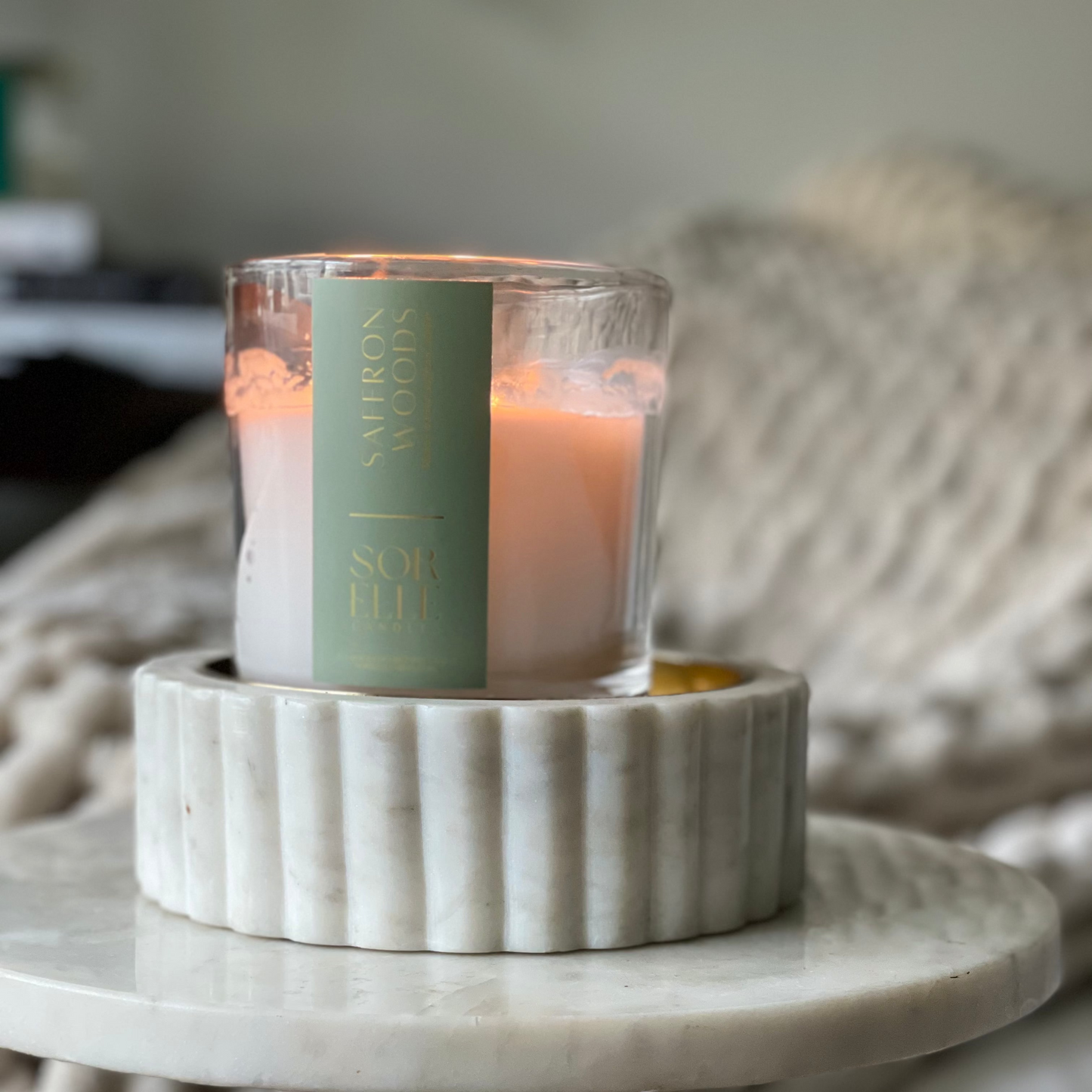 15 oz and 25 oz strong scented saffron and violets coconut wax glass candle with gold foil label