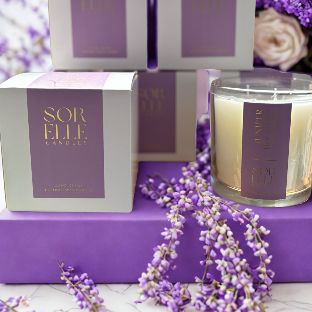 15 oz and 25 oz strong scented juniper and cedarwood coconut wax glass candle with gold foil label