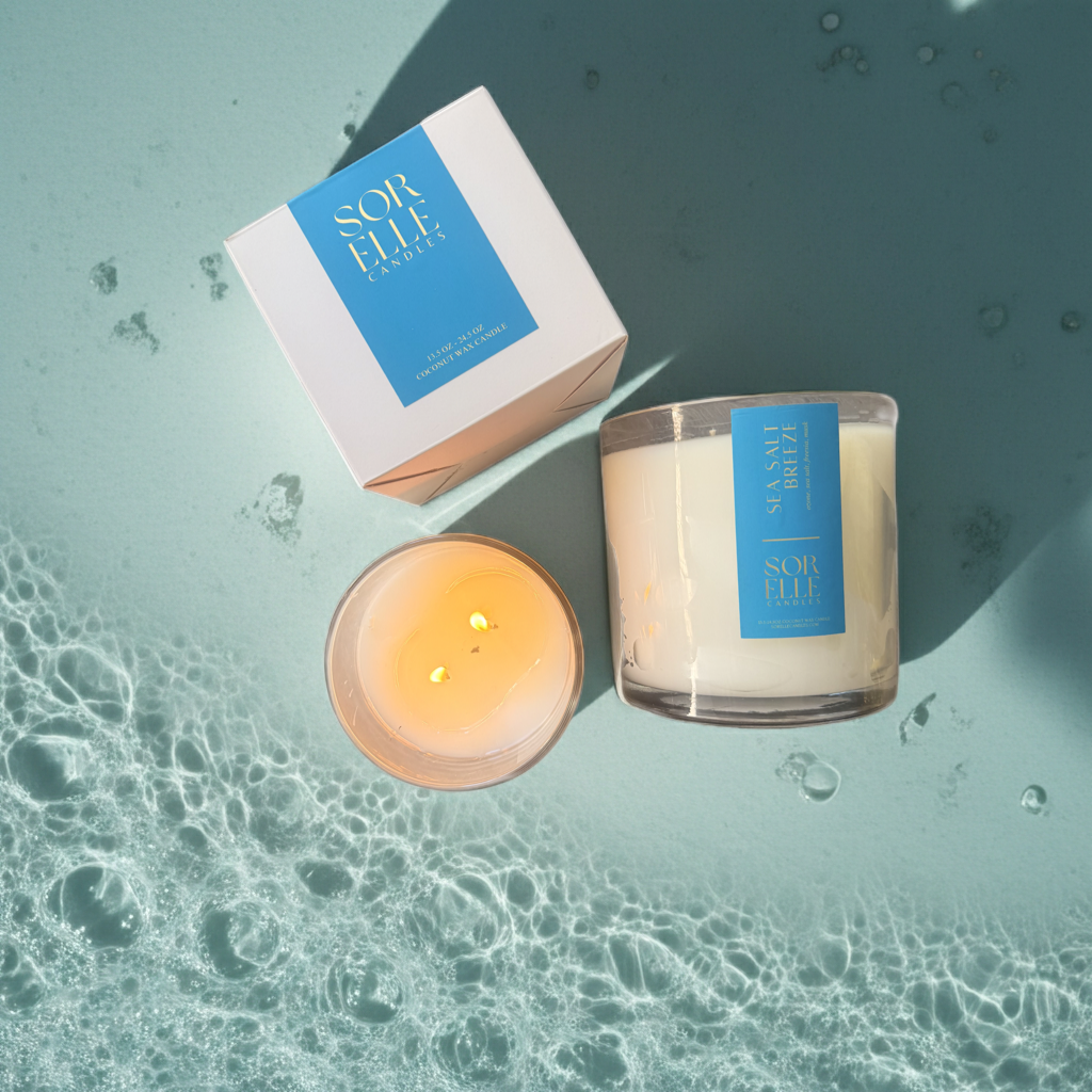 Sea Salt Breeze Strong Scented Coconut wax candle, 14 oz, Sorelle Candles Houston Tx