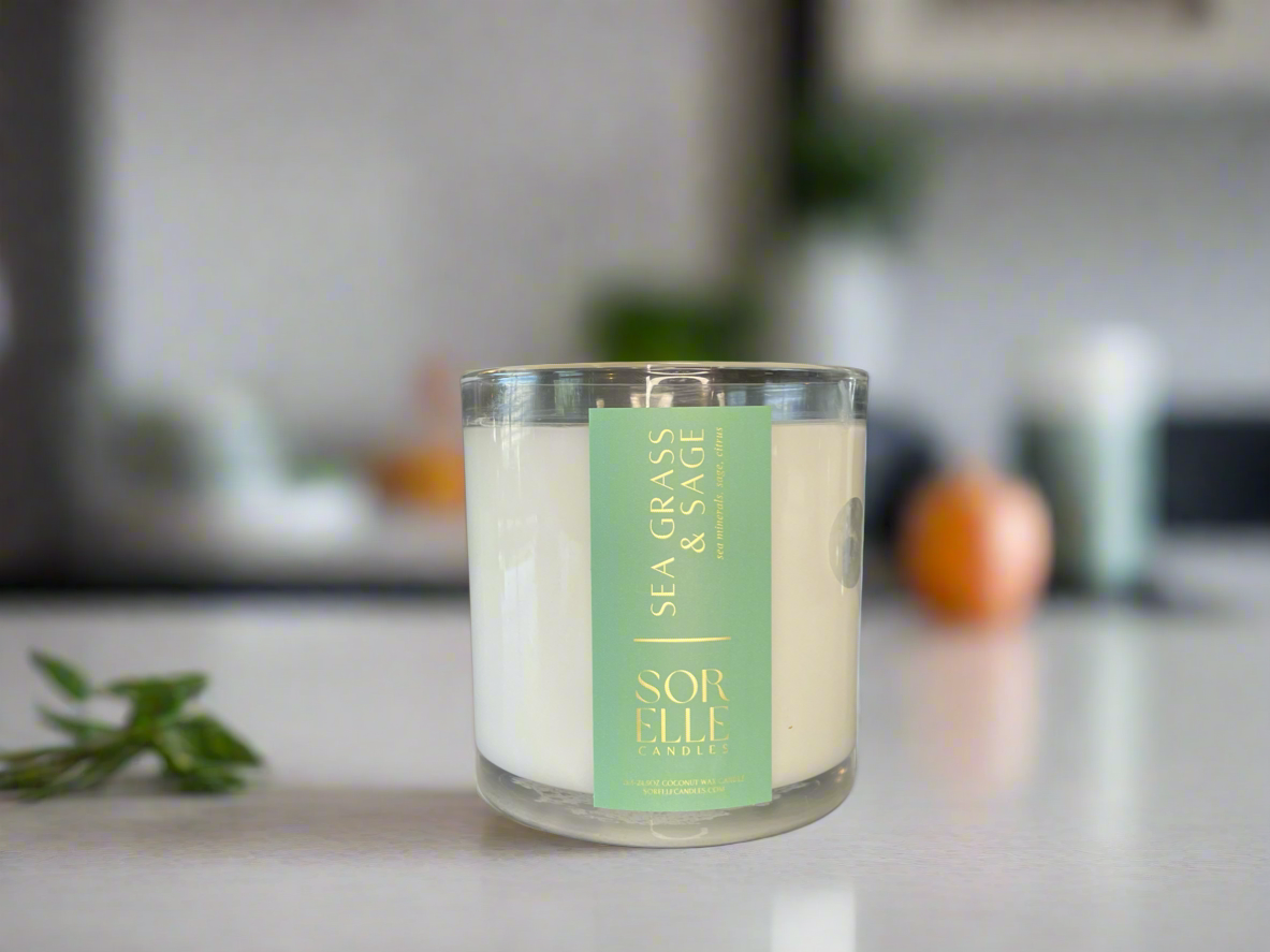 Sea Grass Sage Luxury coconut wax 2- wick candle. Strong scented candles. Houston Tx, Sorelle