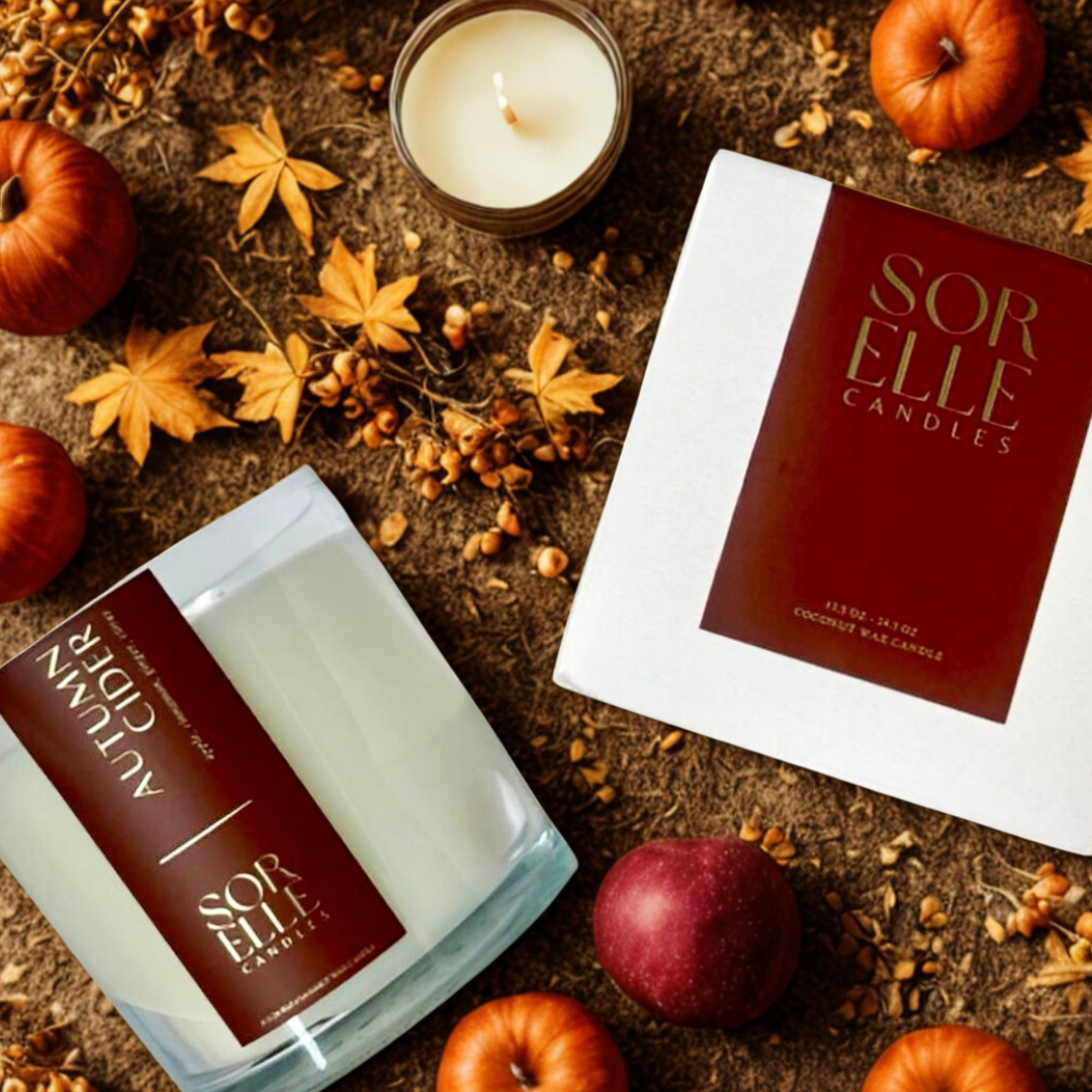 Hand-poured Autumn Cider coconut soy wax candle with apple, cinnamon, clove, and cedarleaf — crisp fall fragrance in box and glass jar