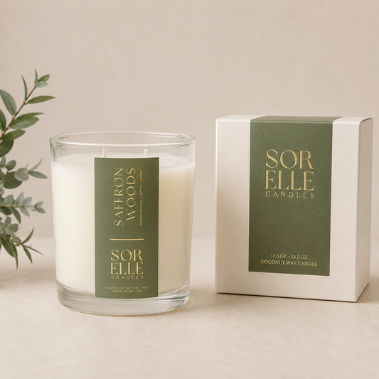 Saffron Woods, two wick, room filling scent throw, coconut wax candle. Houston, Texas - Sorelle Candles 