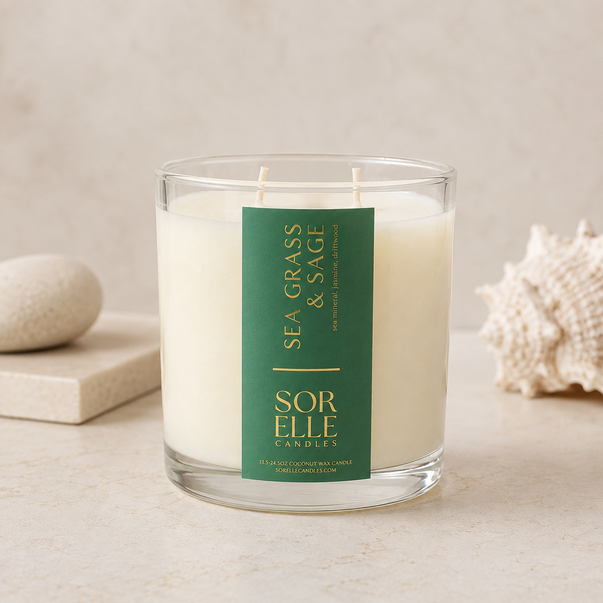 Sea Grass & Sage coconut wax candle, strong scent throw two-wick