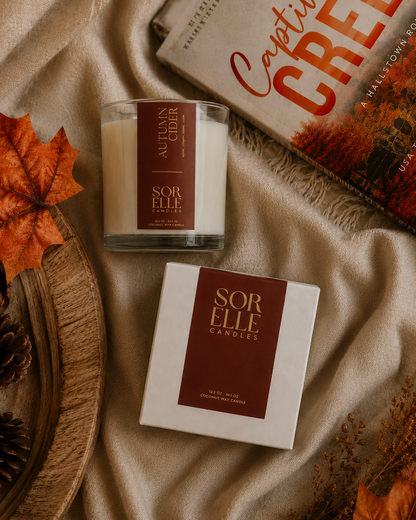 Autumn Cider coconut wax candle, apple cinnamon flatlay with books