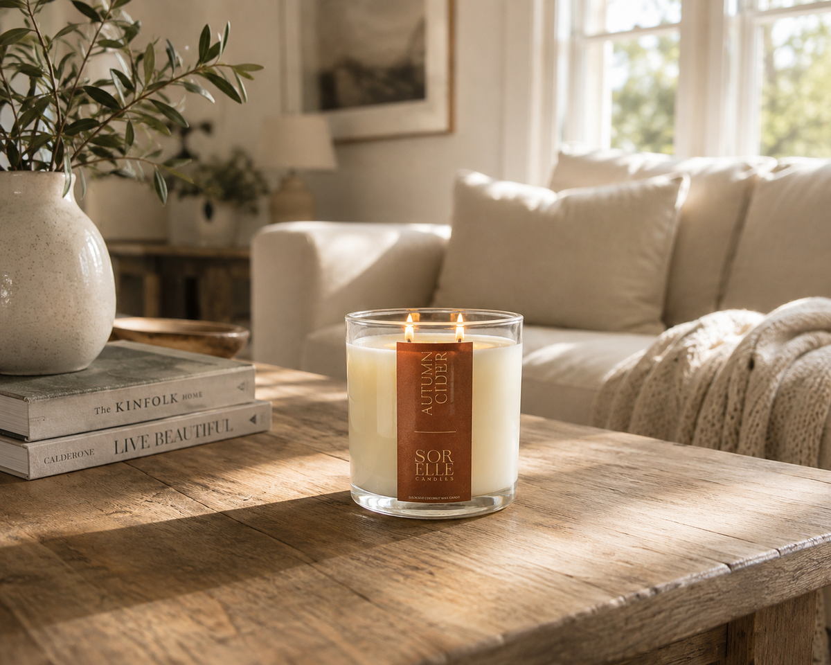 Sorelle Luxury Fall Candles, Autumn Cider. room filling candles. Coconut wax, non-toxic. Houston, Tx.