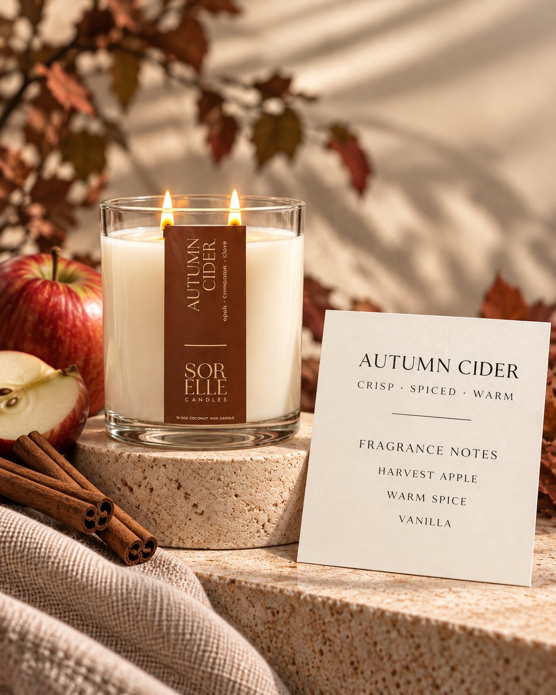 autumn cider, apple spice fall candle. Room filling scent throw. Coconut Wax, non toxic. 
