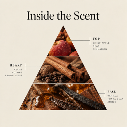 Autumn Cider coconut wax candle scent notes: crisp apple, pear & cinnamon top, clove & nutmeg heart, vanilla & tonka bean base