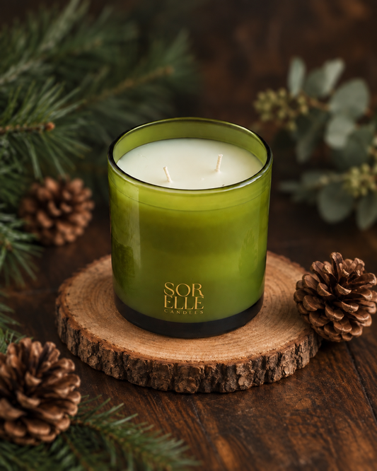 Balsam Forest coconut wax candle inspired by Thymes Frasier Fir, studio, pine cones