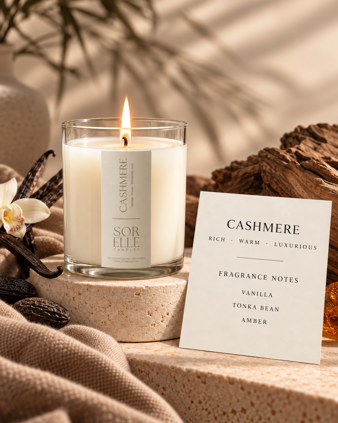 Cashmere fragrance notes card, vanilla tonka bean musk amber candle