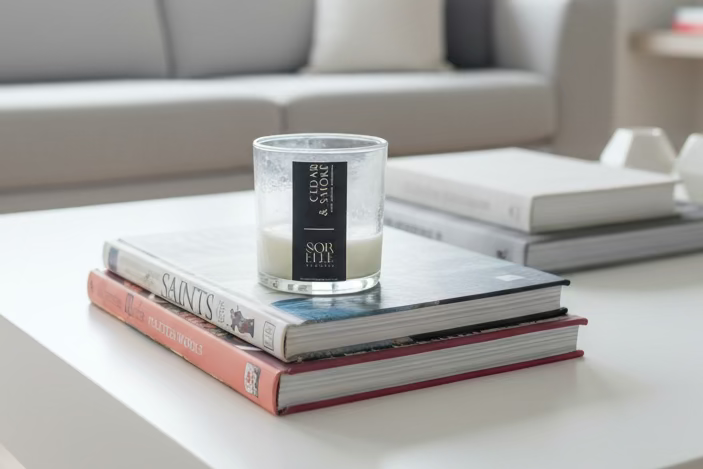 Cedar Smoke Coconut Wax Candle in a modern living room
