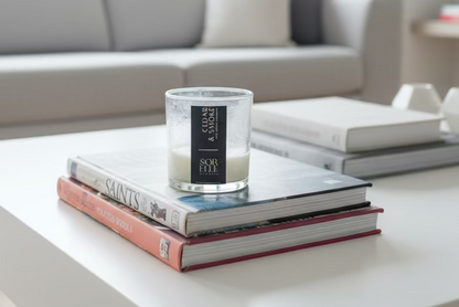 Cedar Smoke Coconut Wax Candle in a modern living room
