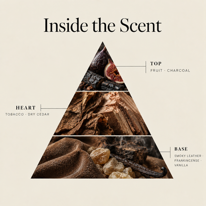 Cedar & Smoke coconut wax candle scent notes: fruit & charcoal top, tobacco & dry cedar heart, smoky leather, frankincense & vanilla base