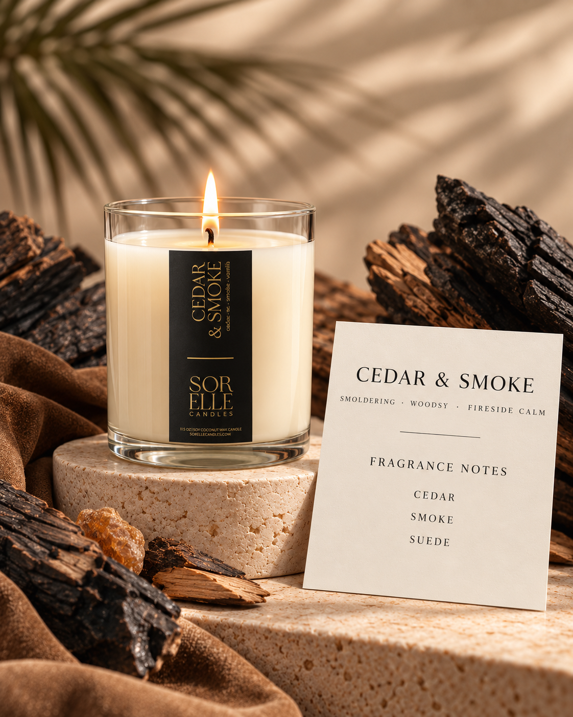 Cedar & Smoke fragrance notes card, cedar charcoal frankincense candle