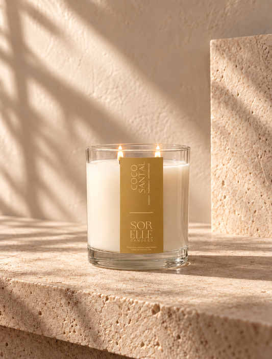 Coco Santal coconut wax candle inspired by Le Labo Santal 26, in glass jar