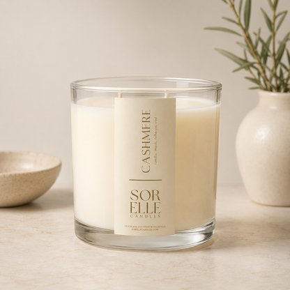 Cashmere coconut wax candle, styled lifestyle photo