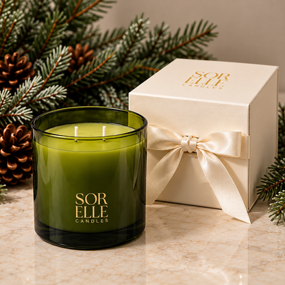 Balsam Forest three-wick coconut wax candle in green glass beside an ivory gift box with satin ribbon and pine