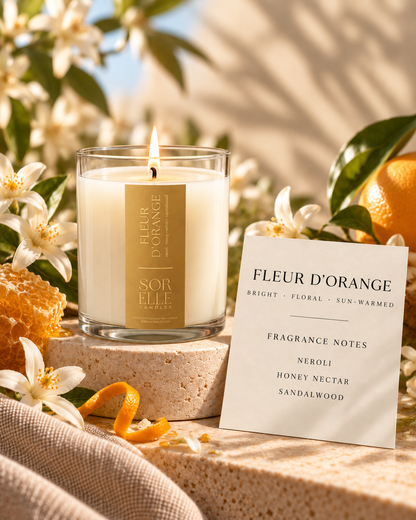 Fleur d'Orange fragrance notes card, citrus blossom honey nectar candle