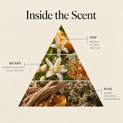 Fleur d'Orange coconut wax candle scent notes: neroli citrus top, orange blossom honey heart, amber sandalwood base