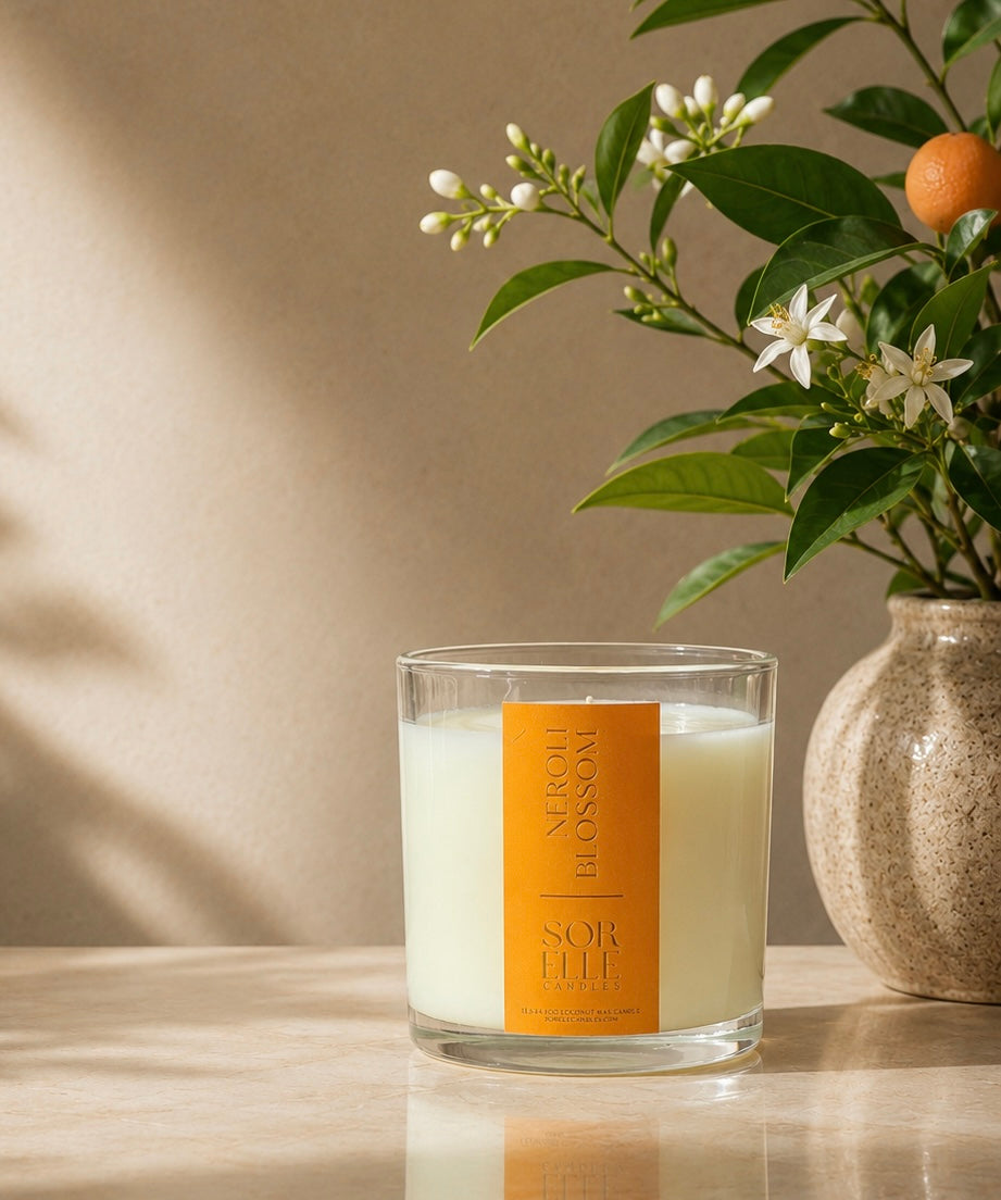 Fleur d’Orange strong scented coconut wax candle. Hand poured Houston Tx, Sorelle candles