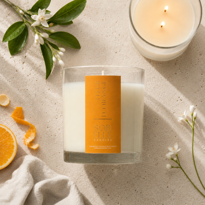 Fleur d’Orange strong scented coconut wax candle. Hand poured Houston Tx, Sorelle candles 
