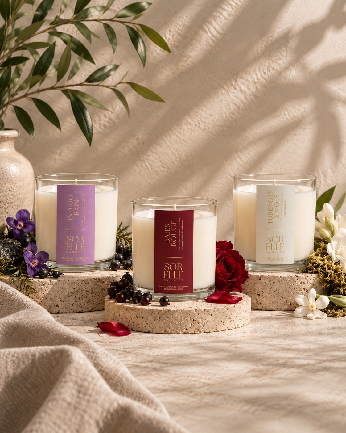 Floral & Romantic Floral Set 3 candles, Baies Rouge, Indigo Rain, Tuberose, strong scented coconut wax candles.