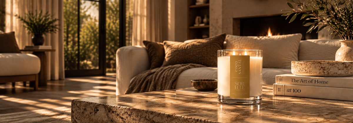 room filling coconut wax candle. Header image, life style hero darker

