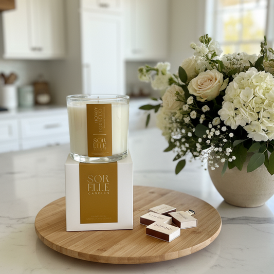 glass coconut wax honey tobacco Candle with packaging on a wooden board in a kitchen setting