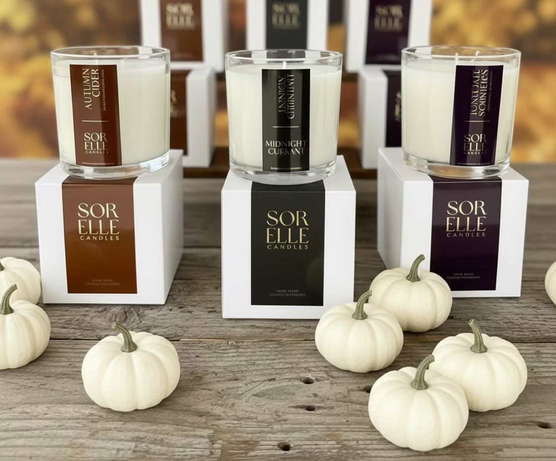 Collection of SorElle candles on a wooden surface with pumpkins and cinnamon sticks, indicating a fall theme.