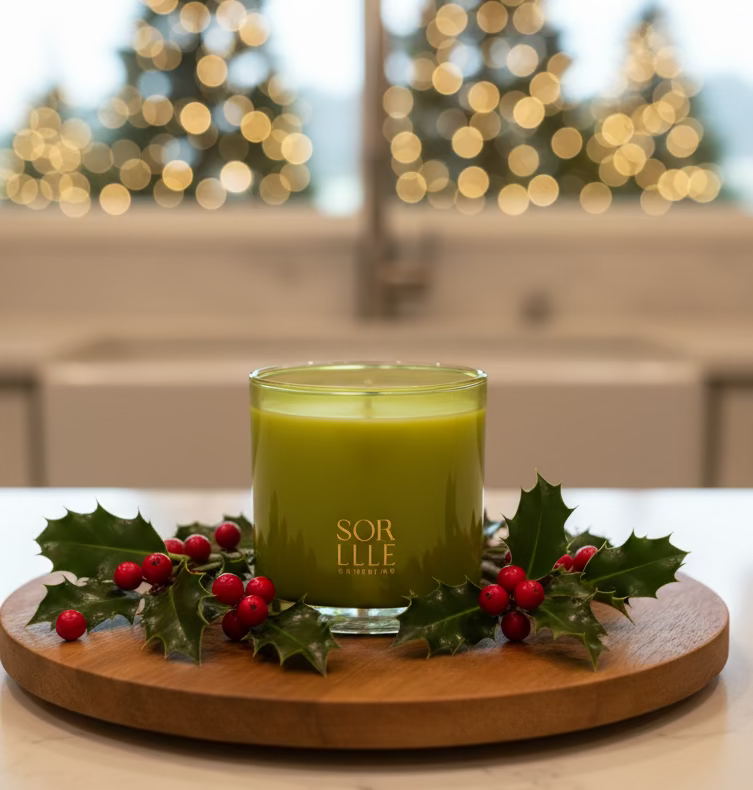 Green glass balsam forest scented candle on a wooden tray with holly leaves and berries, blurred festive lights in the background.