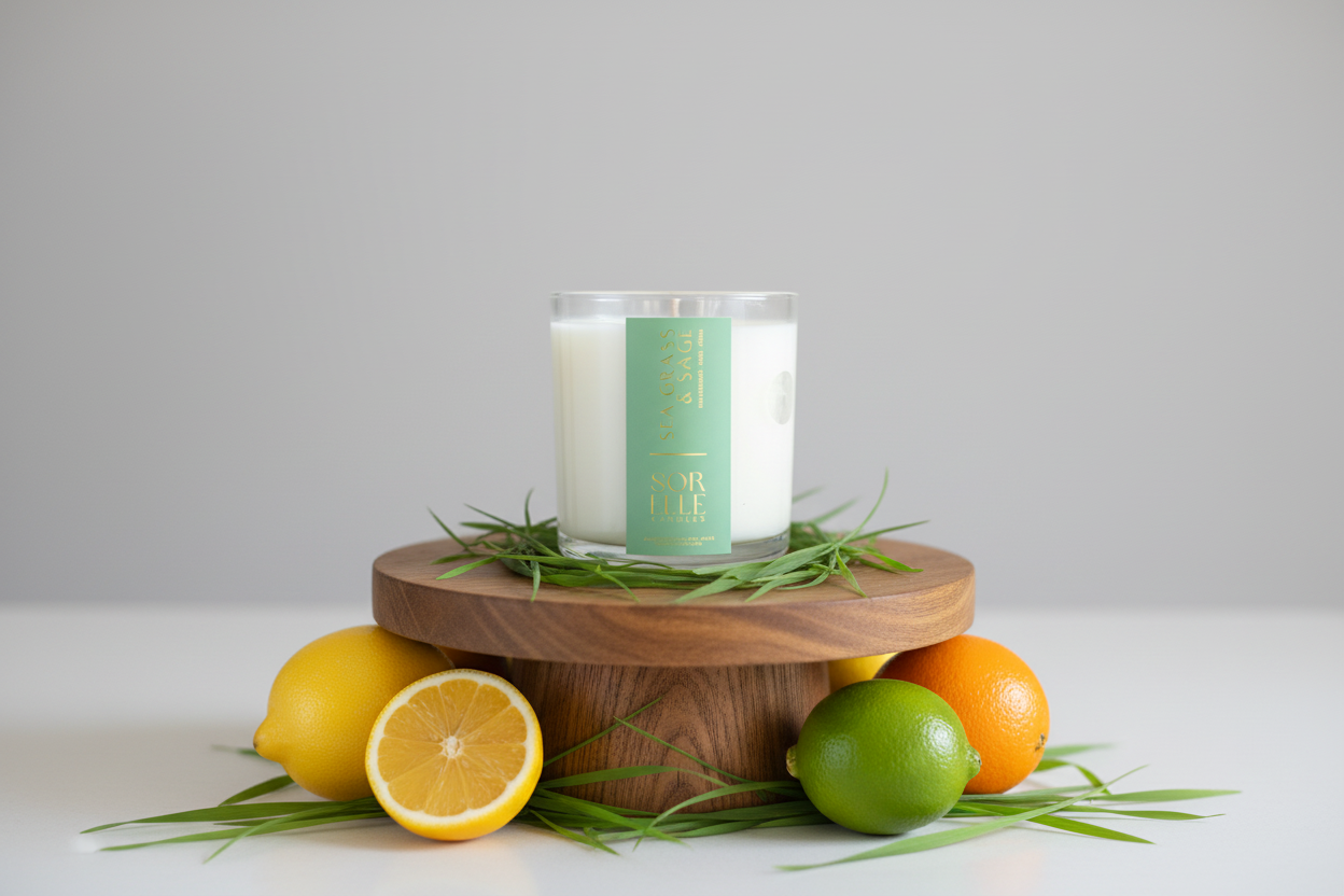 Citron mineral sage glass coconut wax candle. 