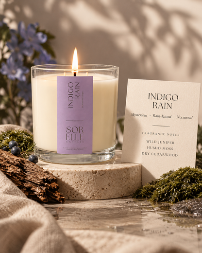 Indigo Rain fragrance notes card, mysterious midnight floral candle