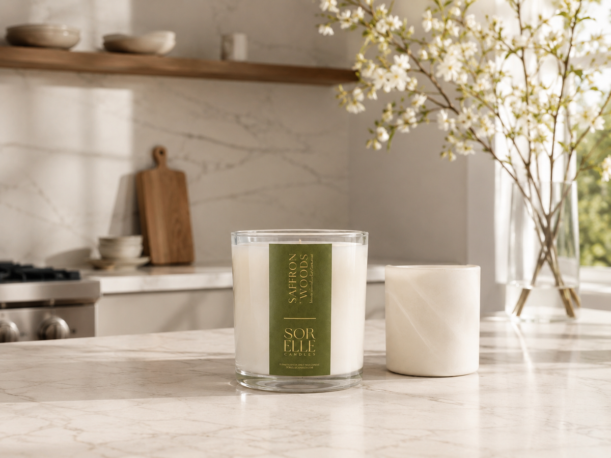 Saffron Woods, palo santo, strong scented candle for large homes. Coconut wax, 2-wick kitchen 