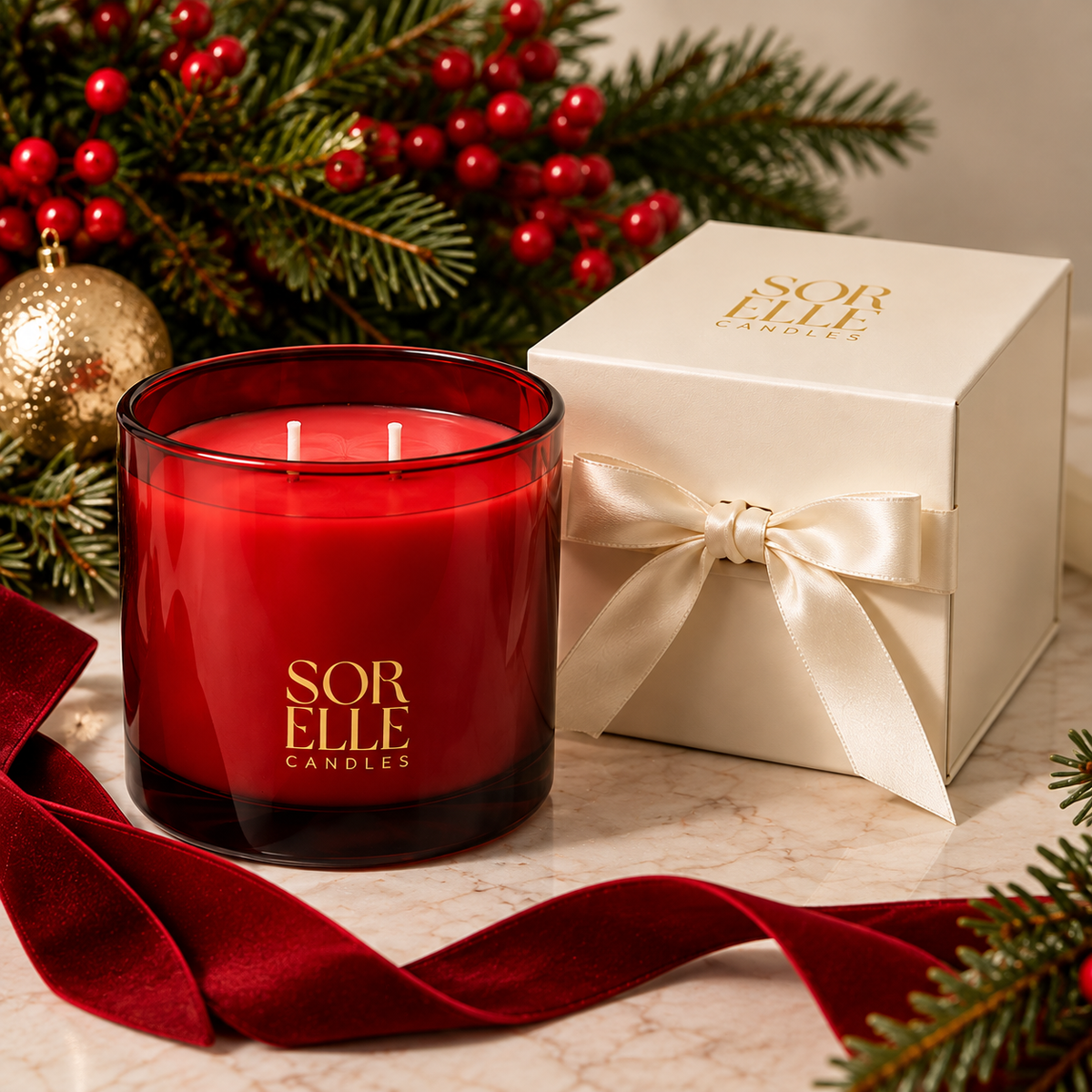 Merry & Bright red glass holiday candle with ivory gift box, red velvet ribbon, berries and evergreen