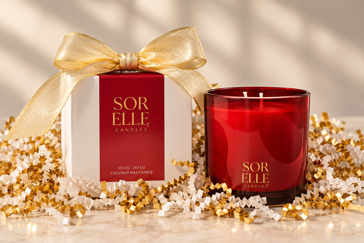 Holiday Corporate Gift Candle, coconut wax, festive merry & bright, red jar
