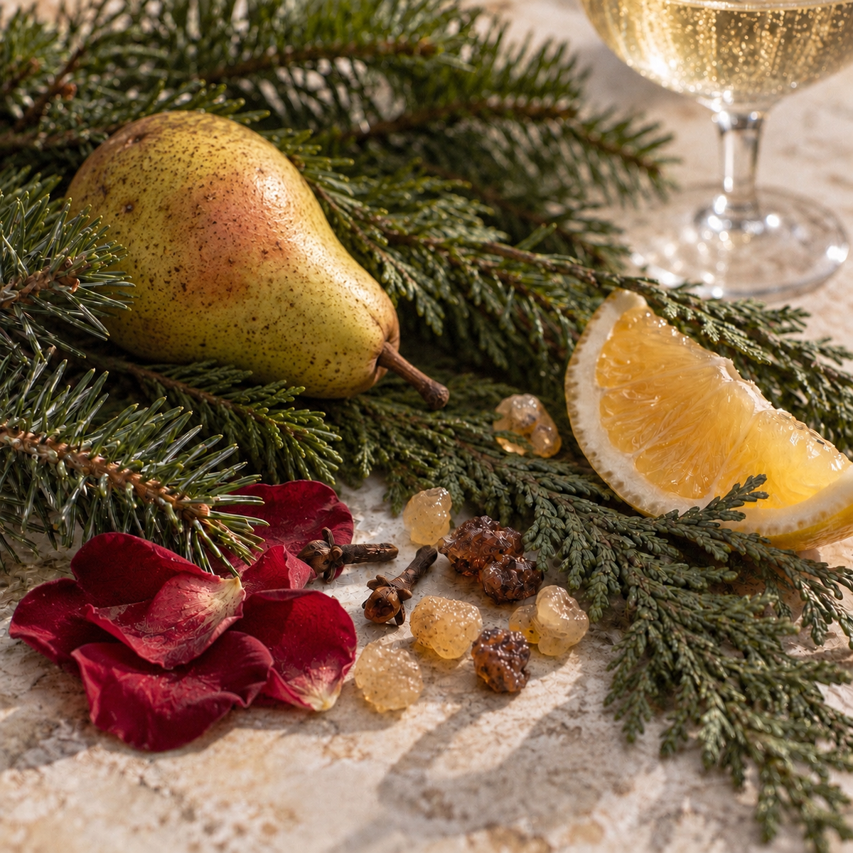 Merry & Bright coconut wax candle scent notes: citrus pear top, fir needle heart, cedar frankincense base