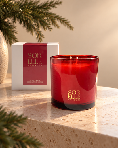 merry & bright, festive christmas candle scent. coconut wax, strong scent throw. 