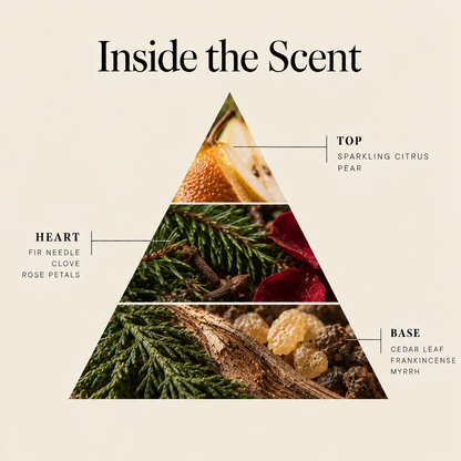 Merry & Bright coconut wax candle scent notes: citrus pear top, fir needle heart, cedar frankincense base
