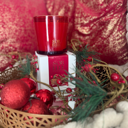 red glass coconut wax, champagne scented coconut soy wax candle. Gold sorelle logo