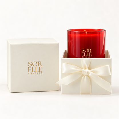 Merry & Bright red candle with its ivory gold-foil gift box, a strong-scented Christmas candle gift