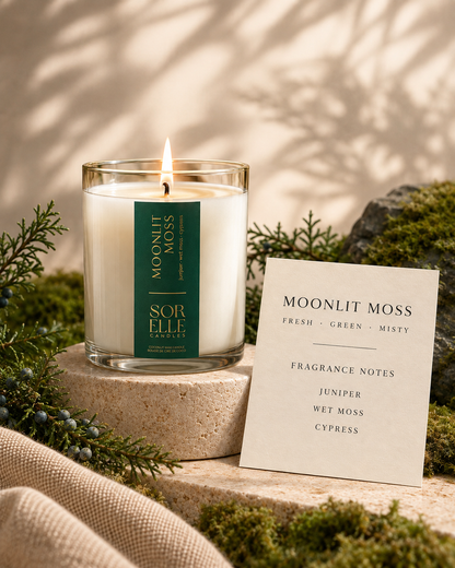 Moonlit Moss fragrance notes card, juniper lavender cypress candle