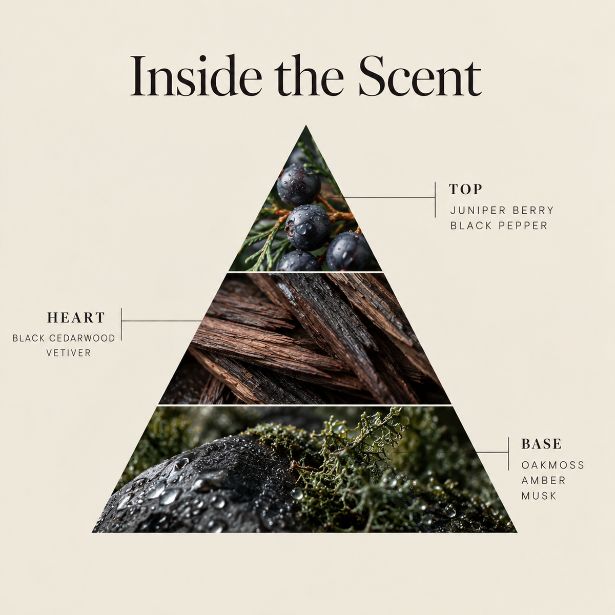 Moonlit Moss coconut wax candle scent notes: juniper berry & black pepper top, black cedarwood & vetiver heart, oakmoss, amber & musk base