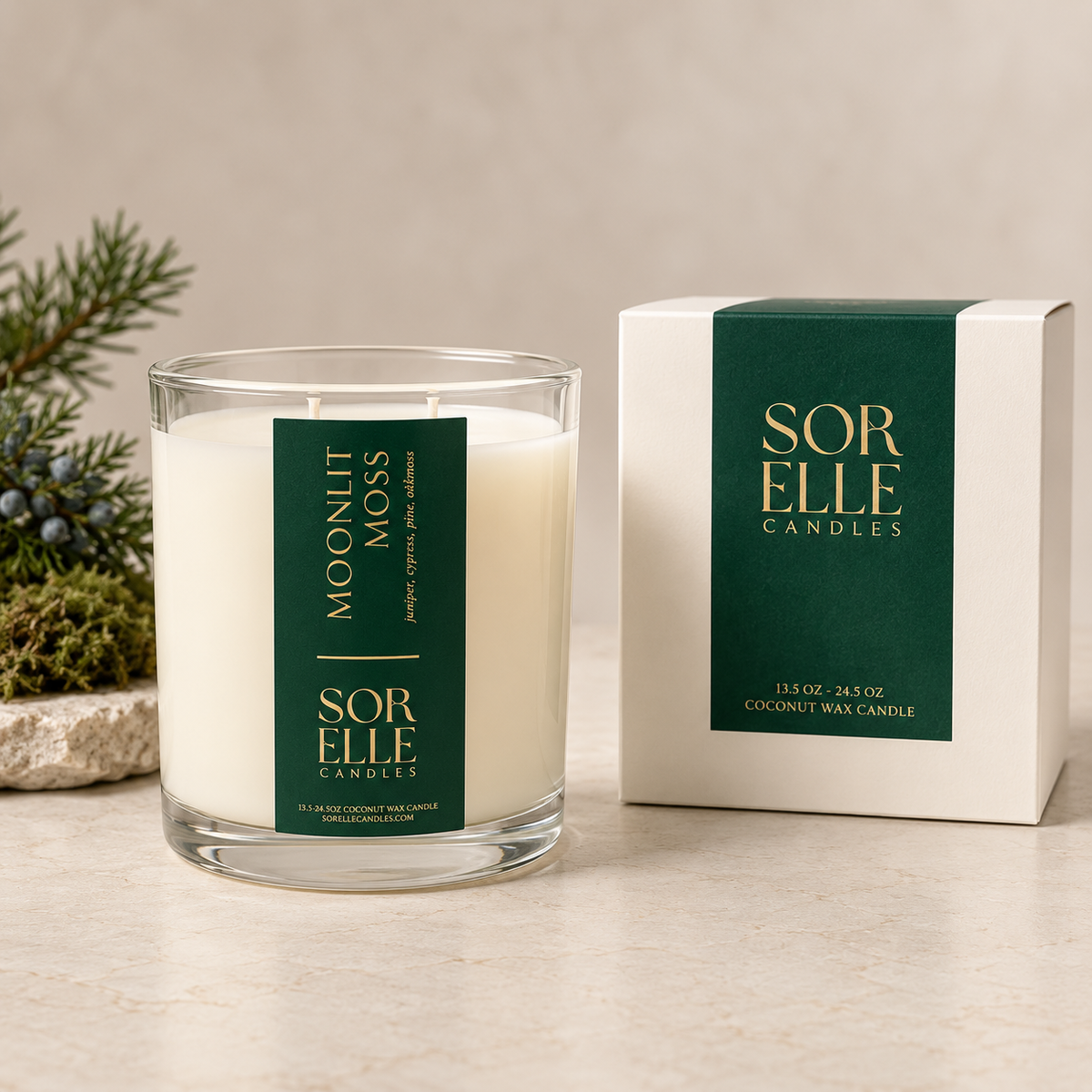 Moonlit moss, clean pine moss masculine scented candle. Coconut wax, non toxic. Houston Tx. 