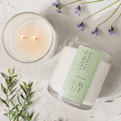 Saffron Woods, two wick, large coconut wax candle. Houston, Texas - Sorelle candles 