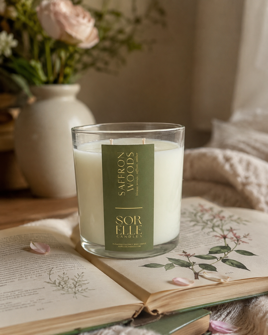 Saffron Woods, two wick, room filling scent throw, coconut wax candle. Houston, Texas - Sorelle Candles  