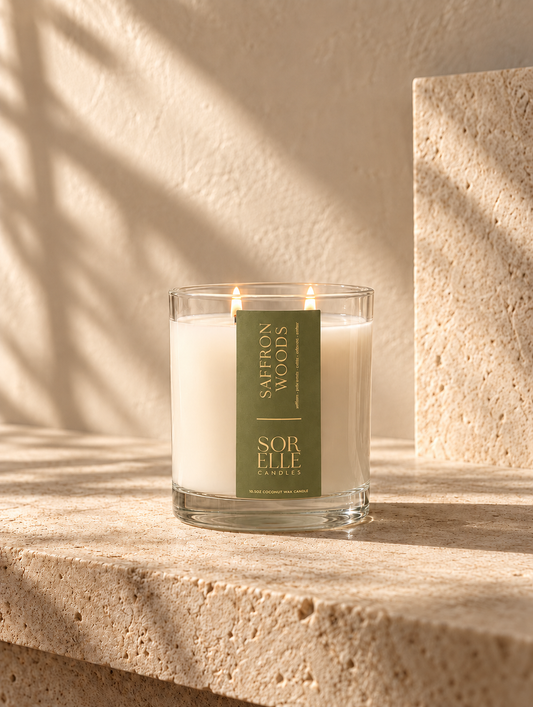 Saffron Woods coconut wax candle, cedarwood amber and violet scent